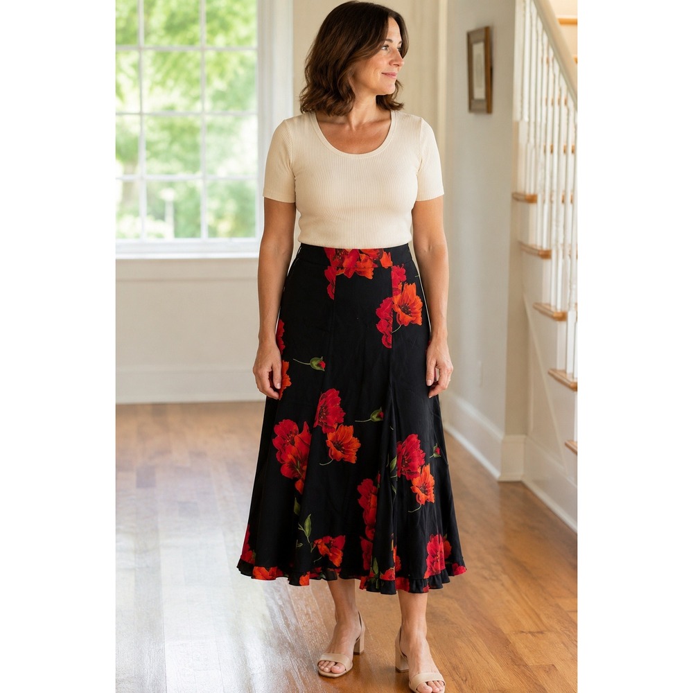 Chicos Design Black Red Floral Poppy Midi Skirt Size 1 Rayon Lined Boho‎ Flowy